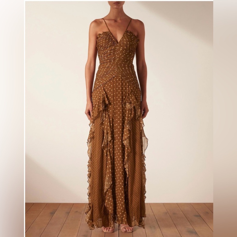 Shona Joy Brown Polka Dot Maxi Dress